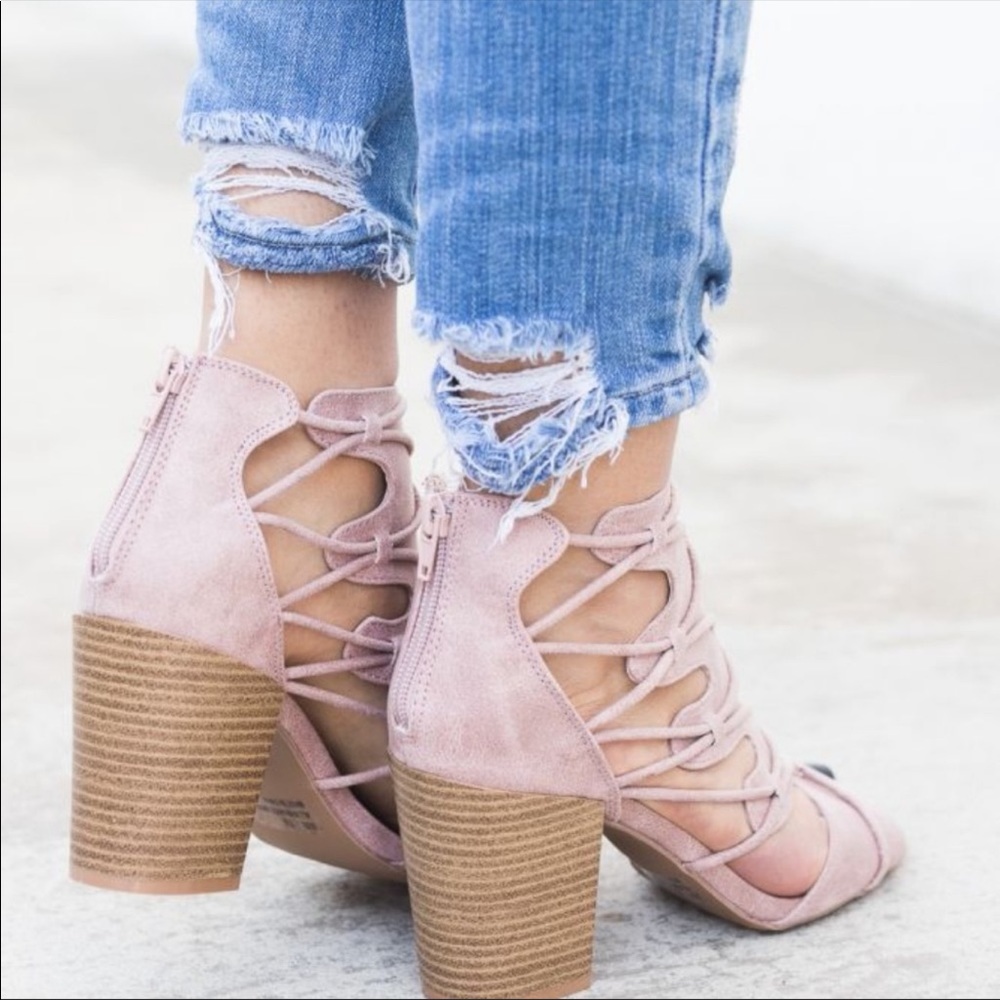 LADIES CHUNKY HEELS BLUSH RUSTIC PEEP TOE BOOTIES - Picture 3 of 3